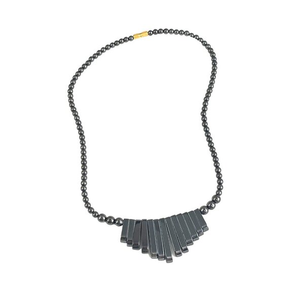 Hematite Beaded Necklace With Geometric Pendant Design - Picture 1 of 7